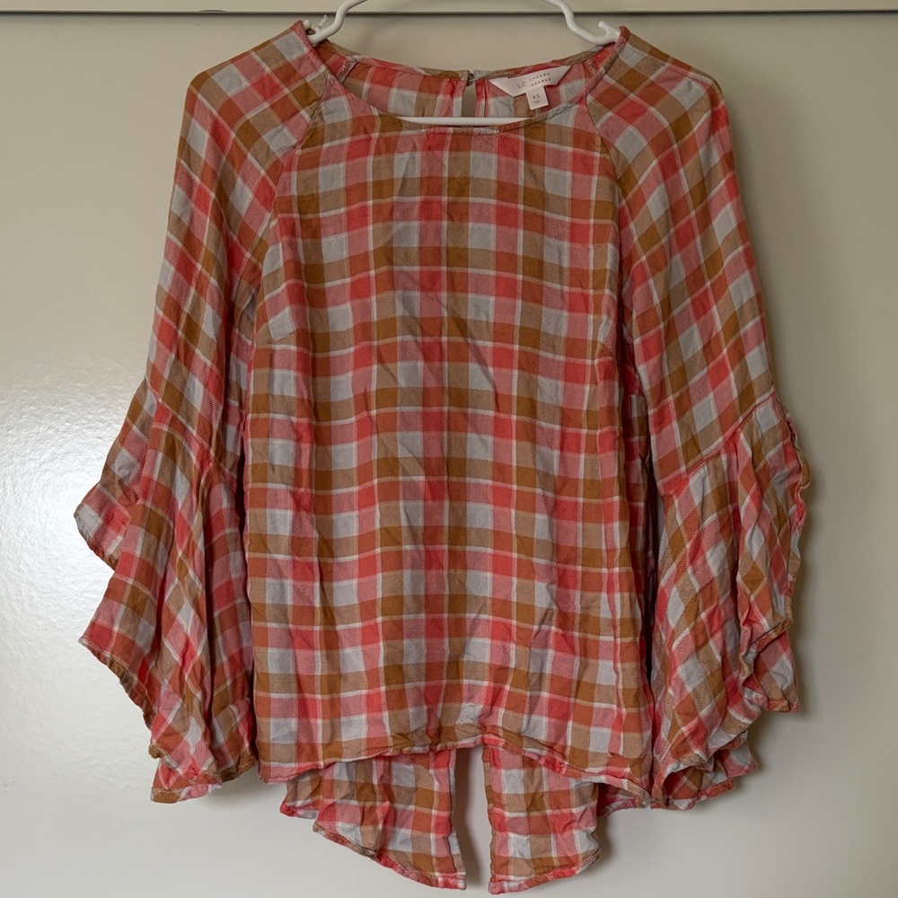 LC Lauren Conrad Coral, Tan & Cream Plaid Peasant Tunic